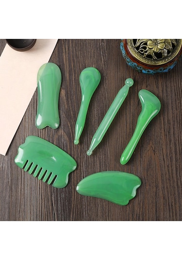 Homyl 7 Adet Gua Sha Masaj Aracı Taşınabilir El Geleneksel Yeşil