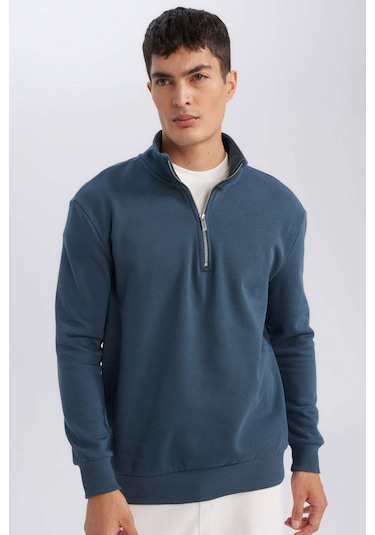 DeFacto Comfort Regular Fit Rahat Kalıp Fermuarlı Dik Yaka Basic Düz Sweatshirt X7405AZ24AUBE700