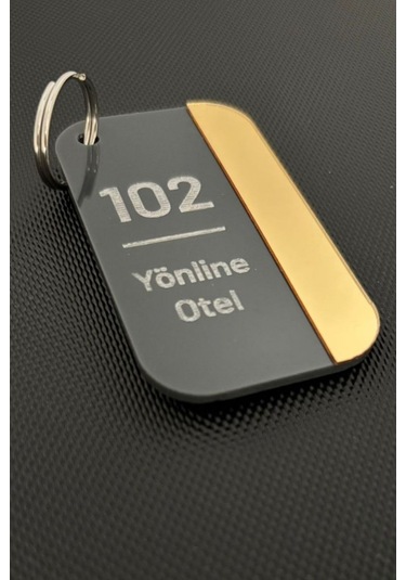 2'li Kişiselleştirilebilir Anahtarlık Antrasit & Gold Pleksi Otel Bungalov Apart Yurt Tesis İsimli Oda Numaralı Siyah