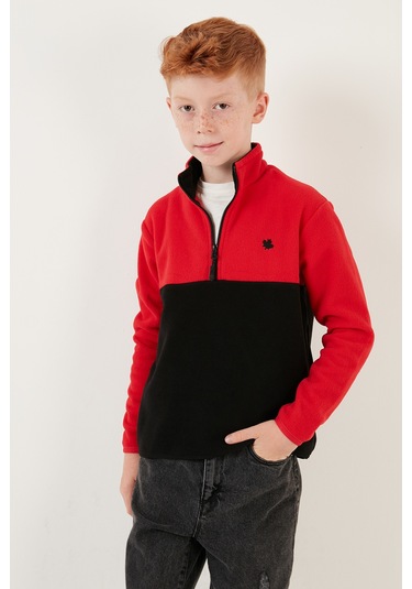 Lela Yumuşak Dokulu Yarım Fermuarlı Renk Bloklu Dik Yaka 2'Li Paket Çocuk Polar 5905004S2 Gri Siyah-Kırmızı Siyah