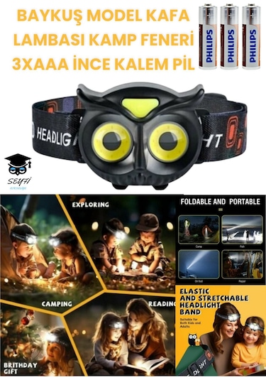 Baykuş Model Kafa Lambası Kamp Feneri 3xaaa İnce Kalem Pil Çok Renkli