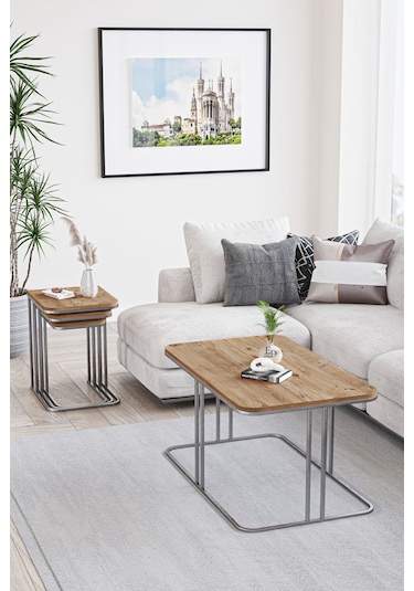 Lyon Orta Sehpa Gümüş Metal - Atlantik Çam Tabla