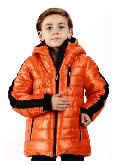 Erkek Çocuk Kolu Şerit Desenli Kapüşonu Sabit İçi Peluş Astarlı Fermuar Cepli Açık Kiremit Renk Mont 3317 Açık Kiremit