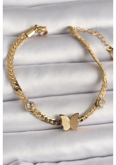 316l Çelik Gold Renk Yassı Zincir Zirkon Taşlı Simli Kelebek Figür Kadın Bileklik - Tj-bb6734 Gümüş