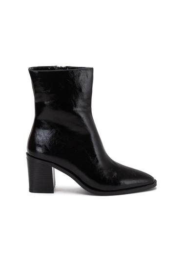 Siyah Kadın Kalın Topuklu Bot Rugan Küt Burun Yüzüdüz-4254 Siyah