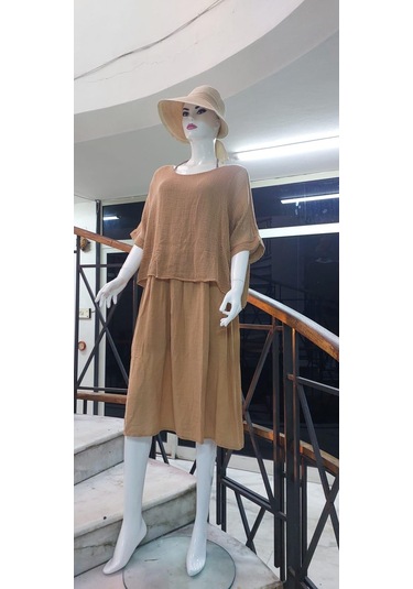 İtalyan Müslin Keteni Üstü File Bluzlu Astarlı Tek Parça Elbise Camel