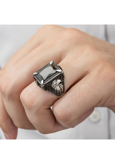 Kartal Motifli Kare Siyah Taşlı 925 Gümüş Erkek Yüzük
