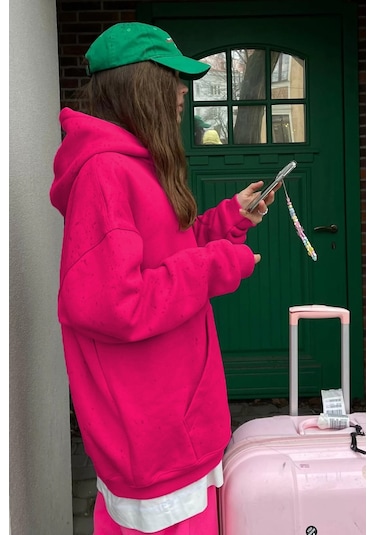 Madmext Fuşya Kapüşonlu Şardonlu Oversize Sweatshirt Mg1566 Fuşya