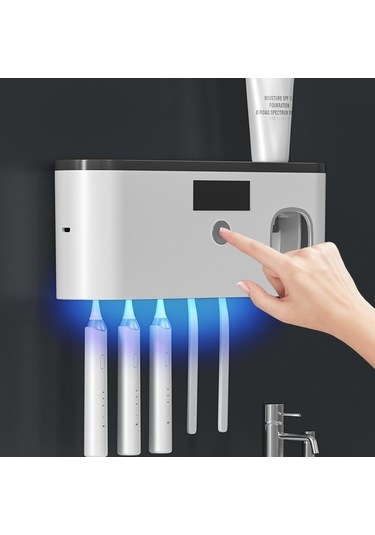 Bosphorusboutique02 Gri Elektrikli Diş Fırçası Uv Sterilizasyon Kurutma Tutucu Duvara Monte Diş Macunu Sıkacağı Banyo Organizatör Aksesuarları Set Gri Gri