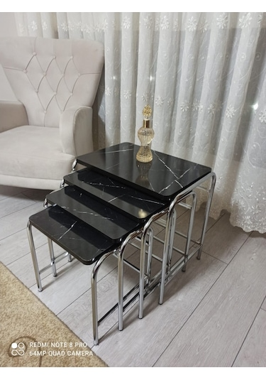 Zigon Sehpa Nikelaj Kaplama Metal Ayaklı Siyah Mermer Desen (540935862)