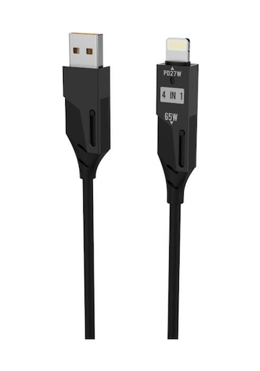 Torima U110 Siyah 4'ü 1 Arada Type-C Lightning Usb-A 65 W Super Hızlı Akordiyonlu Şarj Kablosu