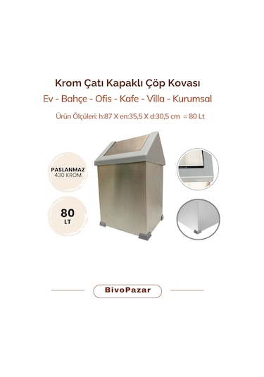 Krom Sallanır Çatı Kapaklı Çöp Kovası 80 Lt Krom