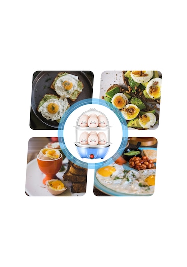 Vkemall 350w Ev Tipi Çift Katlı 14 Yumurta Mavi Buharlı Yumurta Pişirici, Otomatik Kapanma Ve 40ml Ölçü Bardağı İle