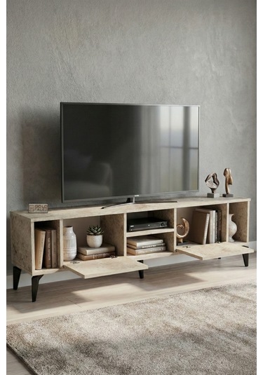 Tv Sehpası 160 Cm Modern Çok Amaçlı Dolaplı Raflı Televizyon Ünitesi Linya Traverten
