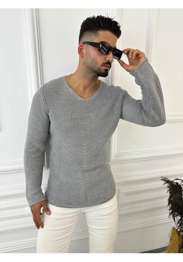 Kazak Naturel Örme Pamuk Tüylenmeyen Triko Kazak Gri