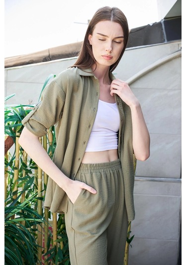 Kadın Keten Düşük Omuzlu Yakalı Kapri Kol Apoletli Gömlek -haki Haki
