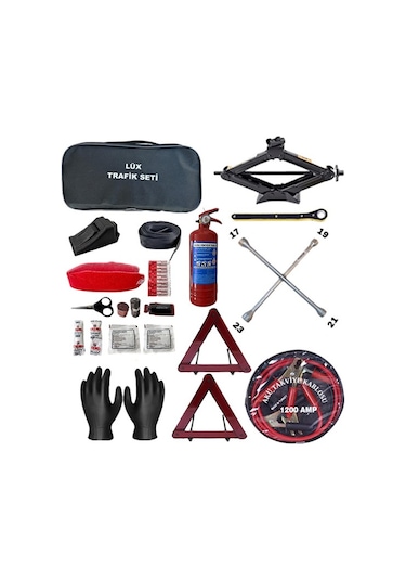 Beşli Ürün Tüvtürk Uyumlu Trafik Seti + Çantalı Akü Takviye Kablosu + Kriko + Bijon Anahtarı + Eldiven