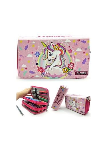 Limmy Organizer Üç Bölmeli Unicorn Kalemlik Pembe
