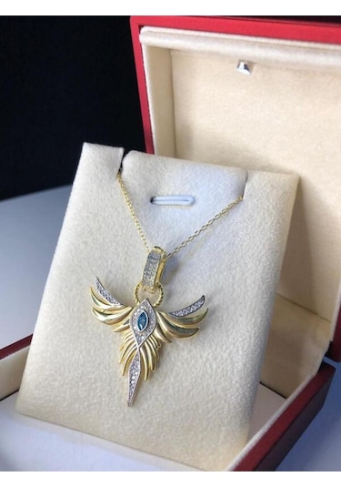 Zümrüdü Anka Kuşu Phoenix Aquamarin Taşlı Gümüş Kolye Işıklı Kutuda Sevgiliye Eşe Anneye Kolye