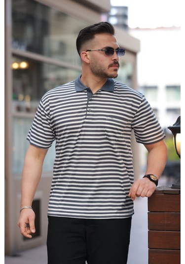 Erkek Yakalı Çizgili Kısa Kollu T-shirt Antrasit - Beyaz