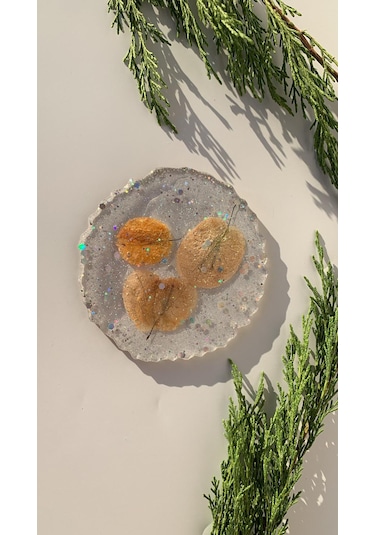 Epoksi İçinde Glitter Turuncu Begonvilli Yuvarlak Bardak Altlığı Şeffaf