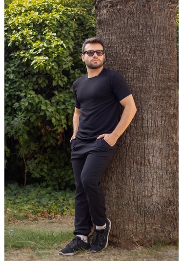 Erkek Siyah Krep Kumaş Rahat Salaş Esnek Bisiklet Yaka T-shirt 23etshtarp 001