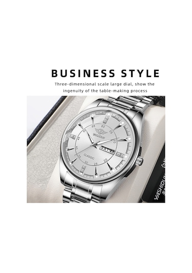 Yashıdun 5063 Çelik Kayış Şık Çift Kuvars Saat Aydınlık Takvim Bilek Saati - Siyah Kadran / Gümüş+altın Kayış / Kadın