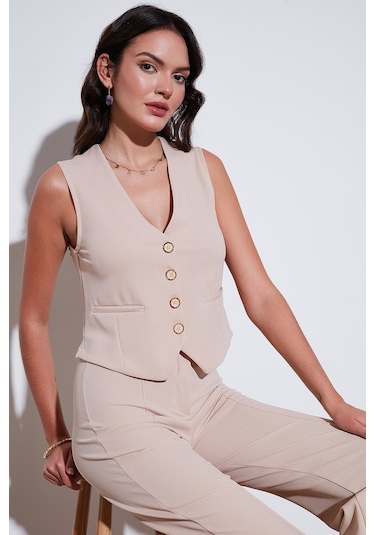 Lela Streç Fitted Fit V Yaka Düğmeli Bayan Yelek 5865971 Taş