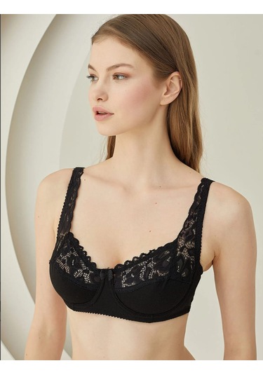 Aycı Dantelli Balenli Penye Toparlayıcı Sütyen Siyah A358 Siyah