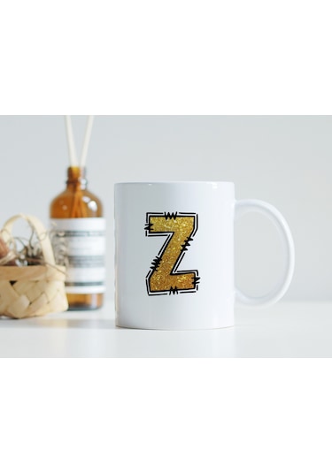 Z Harfi Gold Simli Kupa Işıltılı Alfabe Harf Tasarımlı Kahve Kupası - Kişiye Özel Hediye Beyaz