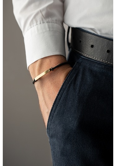 14 Ayar Altın Plakalı Siyah Kauçuk Erkek Bileklik Sarı Altın