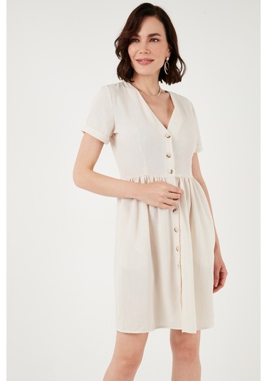 Lela Cepli Önü Düğmeli Kısa Kollu V Yaka Regular Fit Bayan Elbise 611El222 Taş Lela Cepli Önü Düğmeli Kısa Kollu V Yaka Regular Fit Bayan Elbise 611El222 Taş