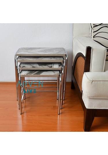 Renk Renk Mermer Desenli Parlak Mikelaj Ayaklı 4'Lü Zigon Sehpa (467864165)