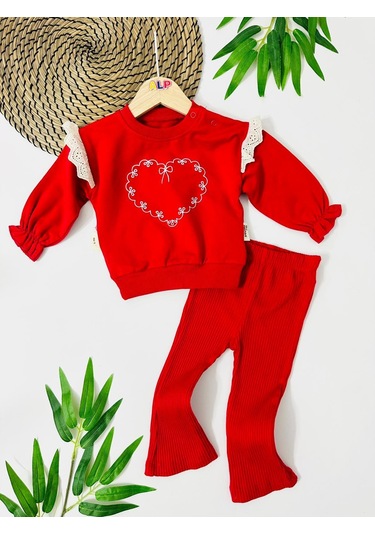 Fiyonk Kalp Baskılı Fitilli Tayt Mevsimlik 2 Parça Set Kırmızı