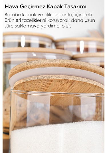 12'li Bambu Kapak Cam Saklama Kabı - Bakliyat Erzak Kavanozu Vakum Kapaklı Cam Kavanoz Seti 680 Ml Şeffaf