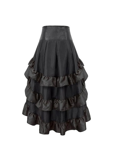 Kadın Etek Yüksek Bel Düzensiz Fırfır Patchwork Renk Eşleştirme Retro Dağınık Ortaçağ Kraliyet Tarzı Bayan Maxi Etek Performans Kostüm Siyah