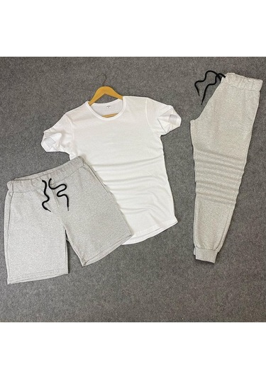 3'lü Slim Fit Unisex Tshirt - Şort - Eşofman Kombin Gri-beyaz Düz Gri - Beyaz