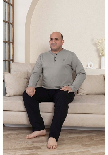 Guava Erkek Büyük Beden 3 Düğmeli %100 Pamuk Mevsimlik Uzun Kol Cepli Pijama Takımı Gri