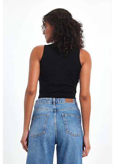 Mmetalic Fitilli Siyah Crop Halter Yaka Sıfır Kol Pamuklu 3'lü Kadın Atlet