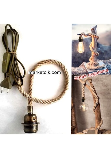Ağaç Dalı Lambader Için Eskitme Duylu Anahtarlı 1Cm Jut Hasır
