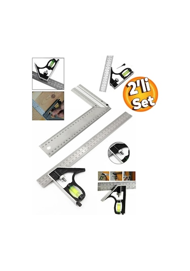 Master Ayarlanabilir Su Terazili Gönye 30 Cm Açı Ölçer Cetvel+ 30 Cm Marangoz Gönye 2'li Set