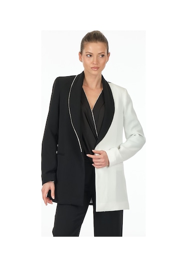 Explosion Minimalist Oversize Midi Kadın Ceket - Siyah Beyaz Siyah