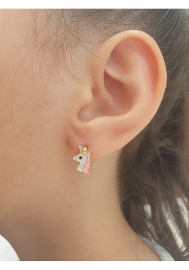 925 Ayar Gümüş Altın Kaplama Pembe Unıcorn Çocuk Küpesi