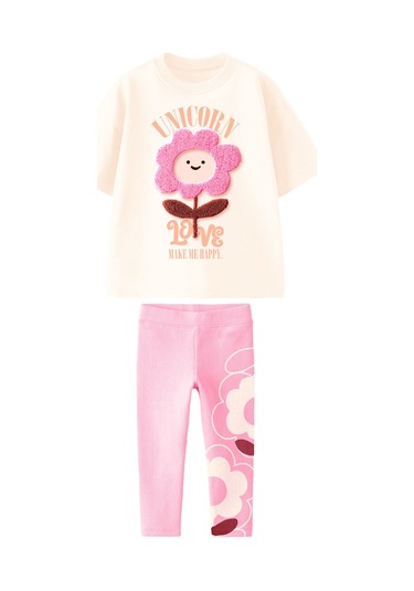Kız Çocuk 3d Papatya Çiçek Detaylı Pamuklu Taytlı Altüst Takım KREM