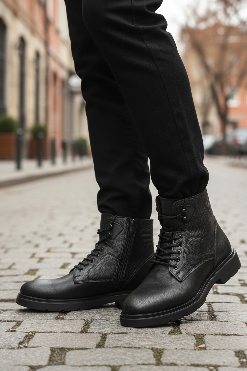 Siyah İçi Polarlı Kaymaz Fermuarlı Bağcıklı Erkek Bot 562 M Siyah