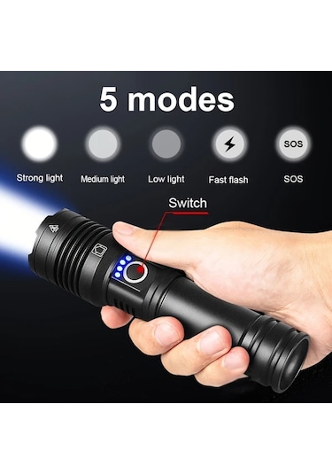 Xuweiwei Yüksek Güçlü Xhp160 Şarj Edilebilir 18650 Pil Led El Feneri 5 Mod 16 Çekirdekli Açık Bakır - Siyah