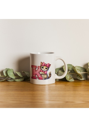 K Harfli Bardak, Sevimli Kedili Pembe Tasarım Bardak, Arkadaşa Aileye Hediye Porselen Beyaz