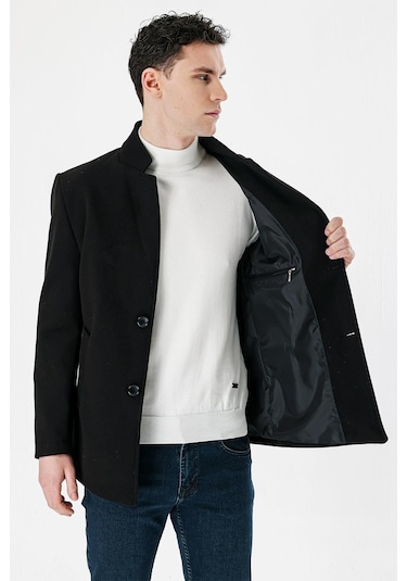 Siyah Kaşe Dik Yaka Astarlı Slim Fit Dar Kesim Casual Mont 1007235170-Siyah