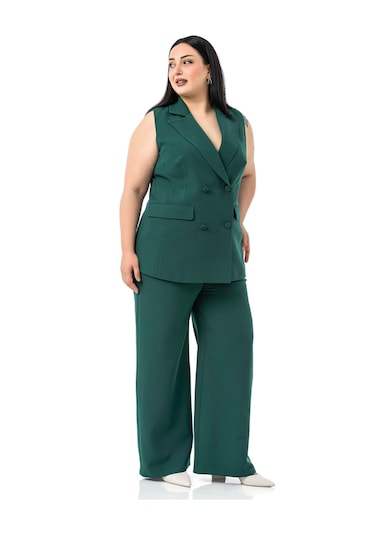 Büyük Beden Kaplama Düğmeli Yelek Pantolon Zümrüt Yeşili İkili Takım Zümrüt