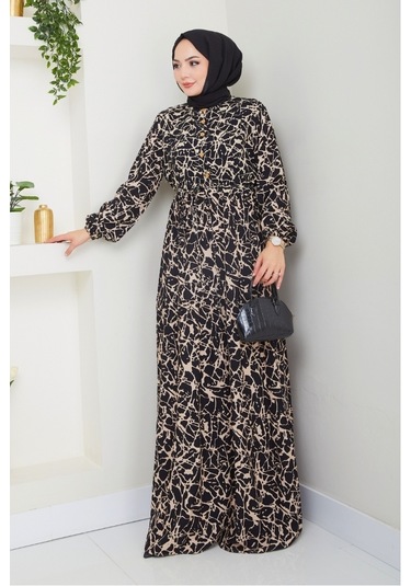 Sevil Yarım Düğmeli Dokuma Viskon Elbise 1504 - Siyah Siyah